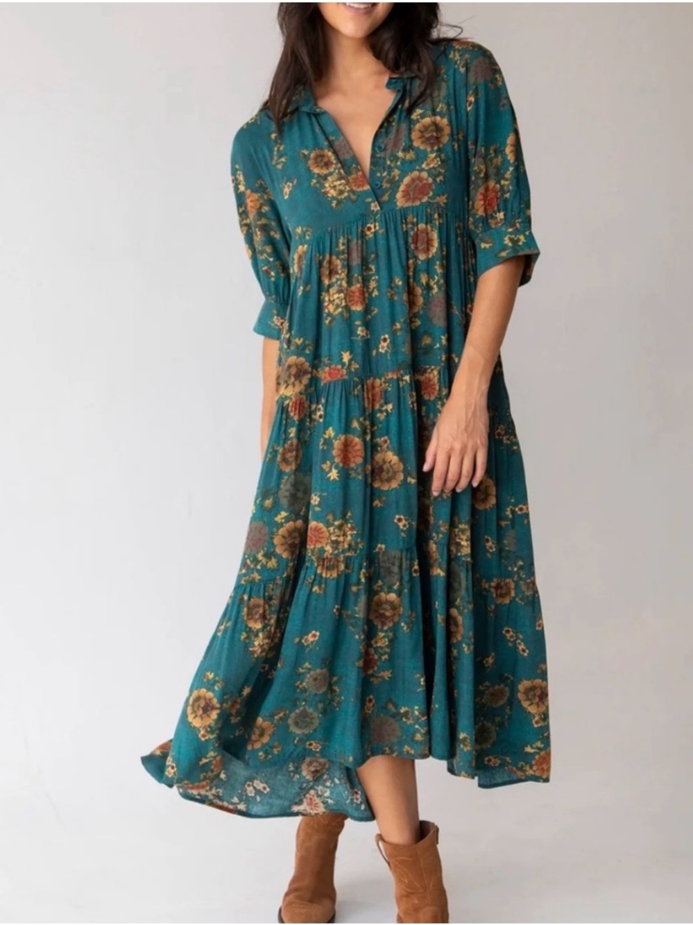 NATURAL LIFE Rebecca Midi Dress Teal Floral Size M